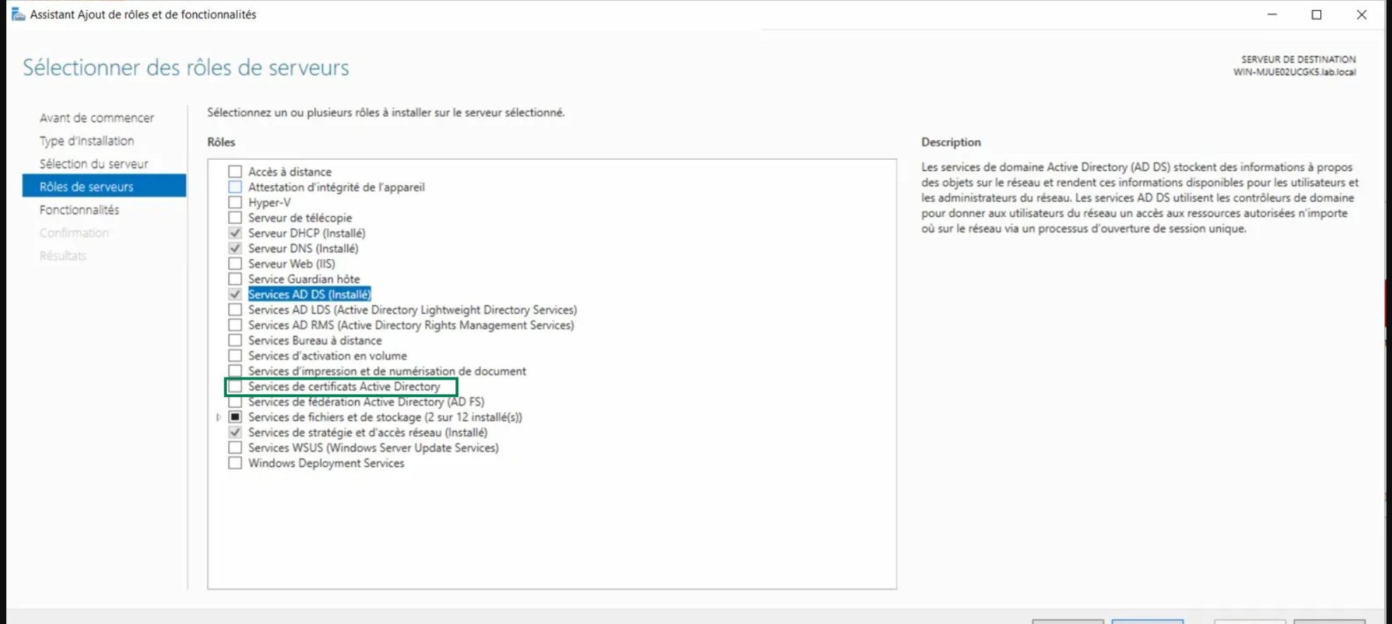 Installation du rôle ADCS étape 1