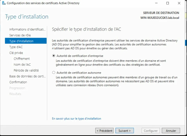 Installation du rôle ADCS étape 2