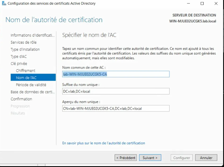 Nommage de l'autorité de certification lab-CA